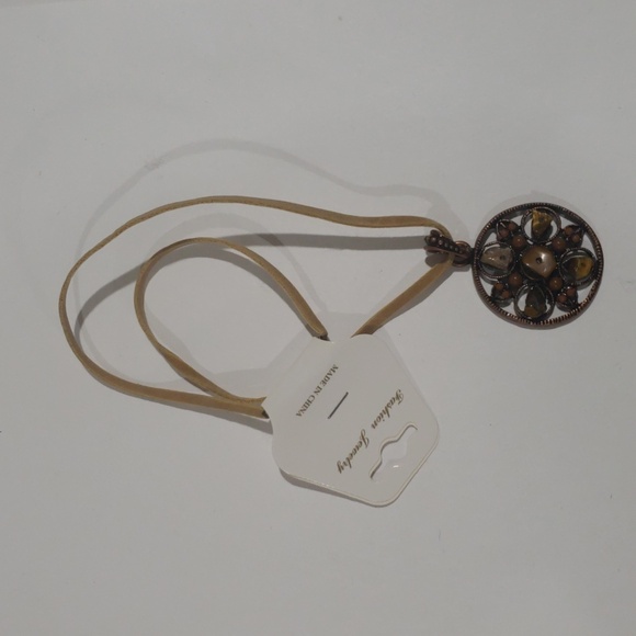 Tan color Cord Filigree Brown Circle Design Pendant Necklace, Women's Jewelry #2 - Picture 6 of 8